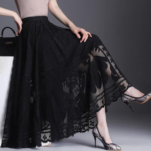 Vintage Floral Lace Long Women Spring Summer Korean A Line Black High Waist Floor-Length Pleated Skirts