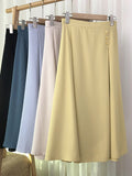 Women Elastic High Waist Casual A Line Skirt Buttons Dart Detail Office Lady Elegant Midi Skirt