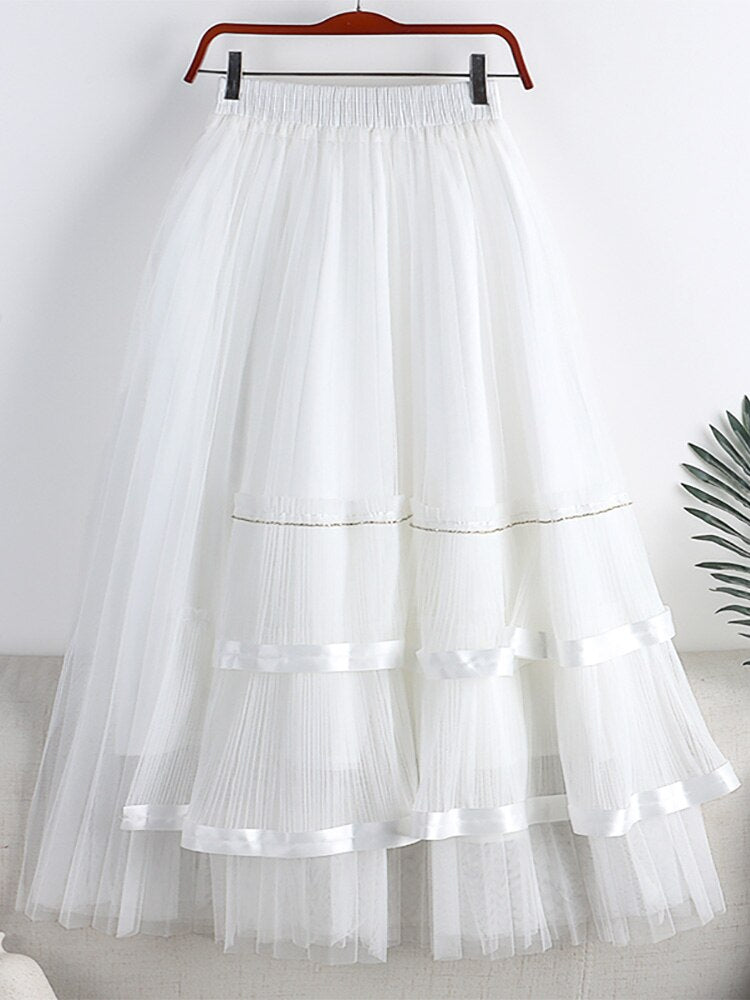Elegant Frill Trim Mesh Patchwork Pleated Midi Long Elastic High Waist Asymmetric Tulle Skirt