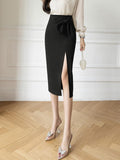 Office Lady Elegant Korean Style Bowknot Solid Color High Waist Women Pencil Skirt