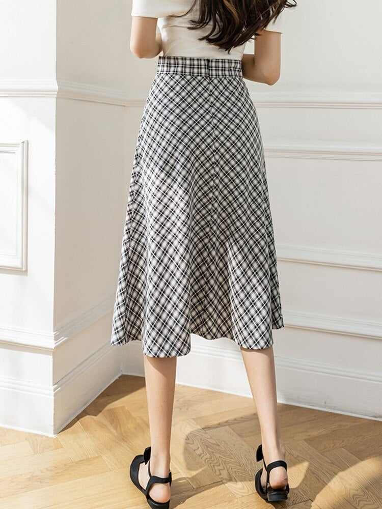 High Waist Elegant A-line Women Spring Korean Style Vintage Plaid All-match Ladies Long Skirt