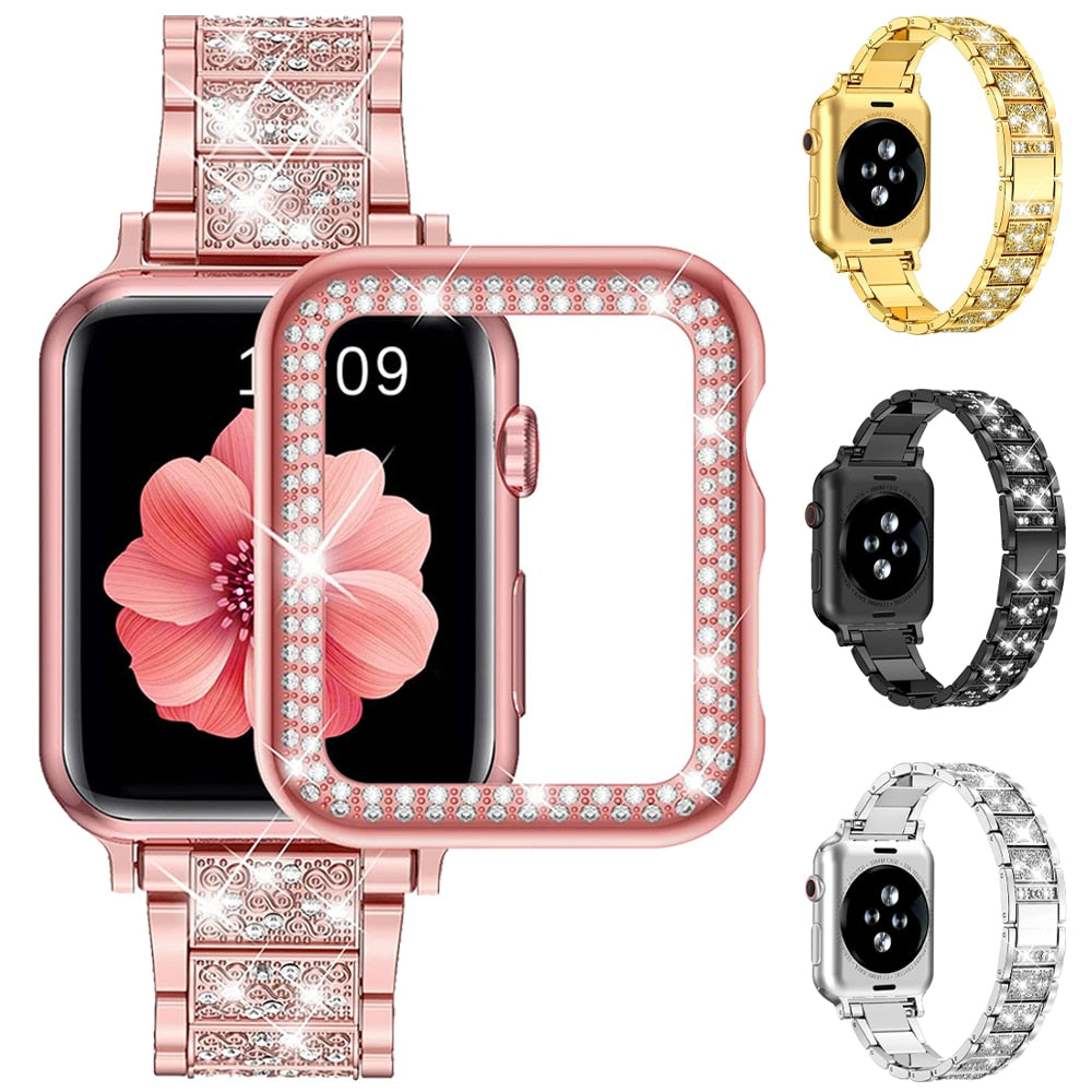 Womens Diamond Case + Strap for Apple Watch Band 7 6 41mm 45mm 38/42/40/44mm Jewelry Metal Bracelet for iWatch Series SE 3 Cover