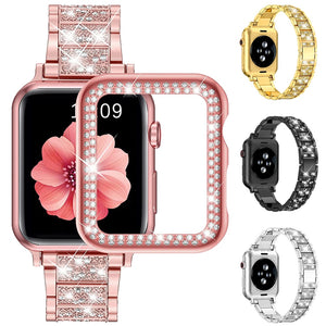 Womens Diamond Case + Strap for Apple Watch Band 7 6 41mm 45mm 38/42/40/44mm Jewelry Metal Bracelet for iWatch Series SE 3 Cover