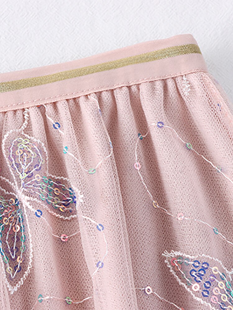 Butterfly Embroidery Sequined Sweet Tulle Skirt Elastic High Waist A Line Mesh Midi Skirt