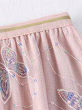Butterfly Embroidery Sequined Sweet Tulle Skirt Elastic High Waist A Line Mesh Midi Skirt