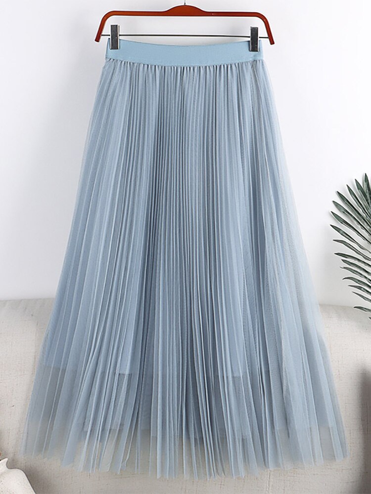 Summer Women Solid Casual Tulle Elastic High Waist Elegant Mesh Pleated Skirt