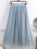 Summer Women Solid Casual Tulle Elastic High Waist Elegant Mesh Pleated Skirt