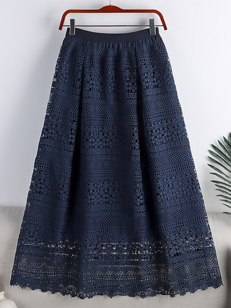 Openwork Lace Woman Solid Vintage Elegant A Line Elastic High Waist Midi Long Skirts