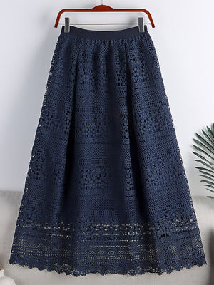 Openwork Lace Woman Solid Vintage Elegant A Line Elastic High Waist Midi Long Skirts