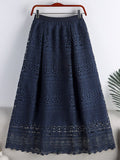 Openwork Lace Woman Solid Vintage Elegant A Line Elastic High Waist Midi Long Skirts