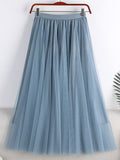 Mid Calf Long Women Metallic Shimmer Tulle Skirt Elastic High Waist Elegant A Line Midi Skirt