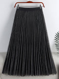 Women Contrast Trim Tulle Skirt Elastic High Waist Mesh Midi Pleated Skirts
