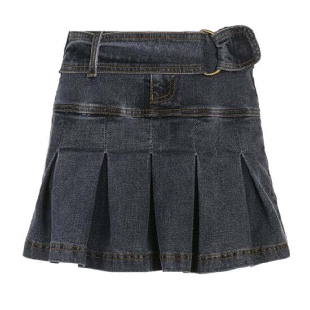 Gothic Denim Pleated Women Summer Harajuku Korean A Line Black Streetwear High Waist Jean Skirt