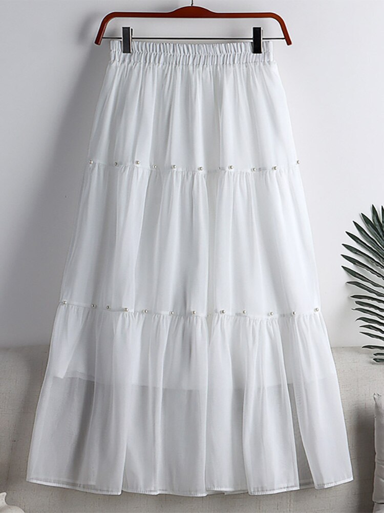 Fashion Faux Pearl Rhinestone Beaded Tiered Midi Skirt Elastic High Waist Solid Casual A Line Skirt