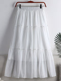 Fashion Faux Pearl Rhinestone Beaded Tiered Midi Skirt Elastic High Waist Solid Casual A Line Skirt