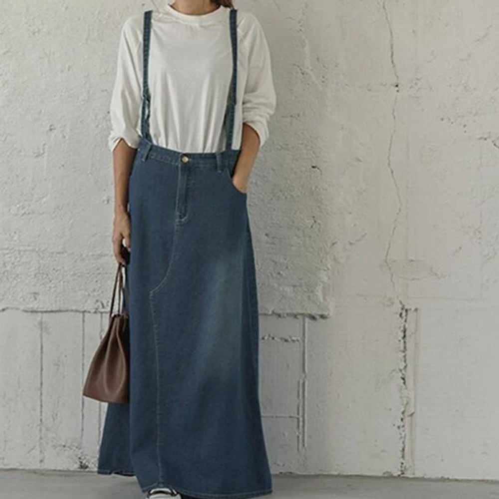 Denim Suspender Women High Waist A Line Pleated Casual Summer Long Jean Two Shoulder Strap Skirts