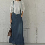 Denim Suspender Women High Waist A Line Pleated Casual Summer Long Jean Two Shoulder Strap Skirts