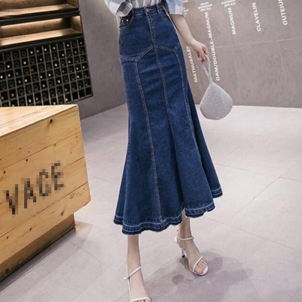 Ruffle Trumpet Vintage Long Summer Girls High Waist Fishtail Jeans Bodycon Maxi Denim Skirts
