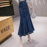 Ruffle Trumpet Vintage Long Summer Girls High Waist Fishtail Jeans Bodycon Maxi Denim Skirts