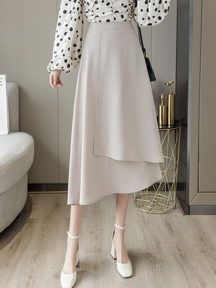 High Waist Long Women Spring Korean Style Solid Color All-match Ladies Elegant A-line Skirts