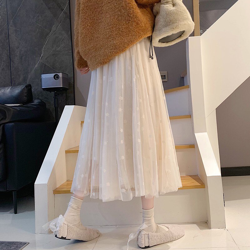 Ladies Elegant A-line Long NSpring Korean Style All-match Mesh High Waist Women Casual Skirt