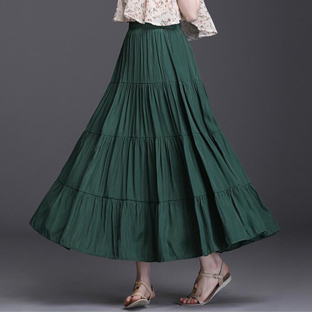 Korean Office Long Summer Women Casual Loose Large Swing Solid High Waist A Line Pleated Skirts