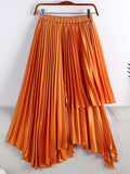 Women Asymmetric Elastic High Waist Elegant Satin Effect Pleated Midi Skirt