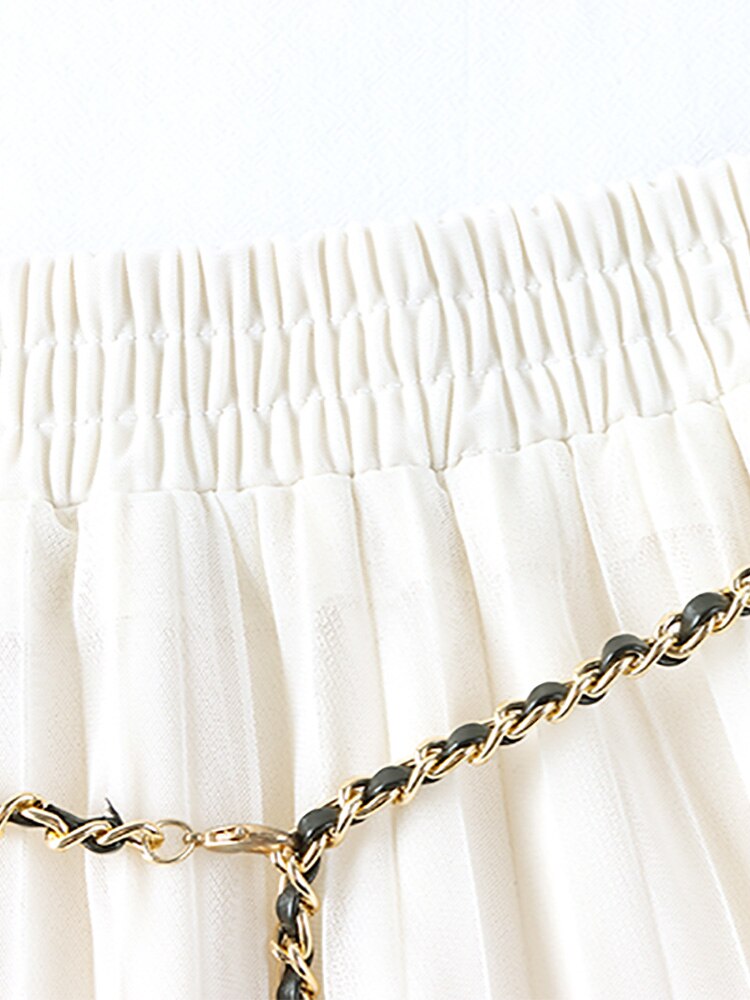 A Line Mesh Midi Skirt With Chain Belt Elastic High Waist Solid Casual Pleated Skirt