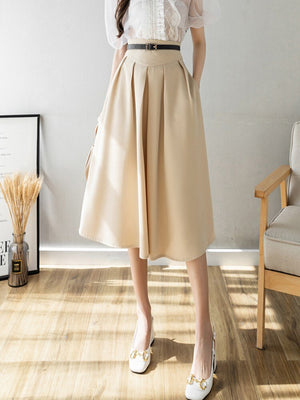 Ladies Elegant A-line Skirts Fashion England Style Plain Color All-match High Waist Women Long Skirt