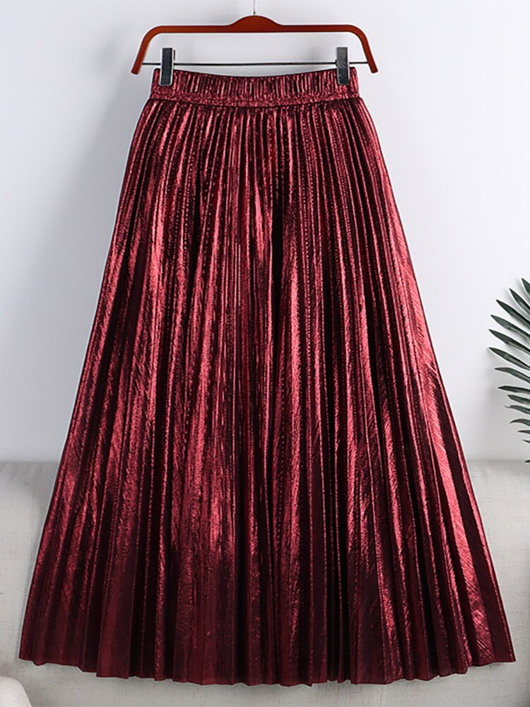 Solid Color Taffeta Silk Box Pleated Skirt in Maroon : BNJ635