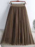 Spring Summer Women Solid Casual A Line Elegant Elastic High Waist Tulle Pleated Skirt