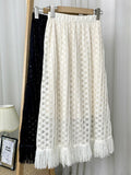 Spring Women Glitter Openwork Embroidery Skirt Elastic High Waist Fringe Hem A Line Midi Skirt