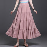 Korean Office Long Summer Women Casual Loose Large Swing Solid High Waist A Line Pleated Skirts