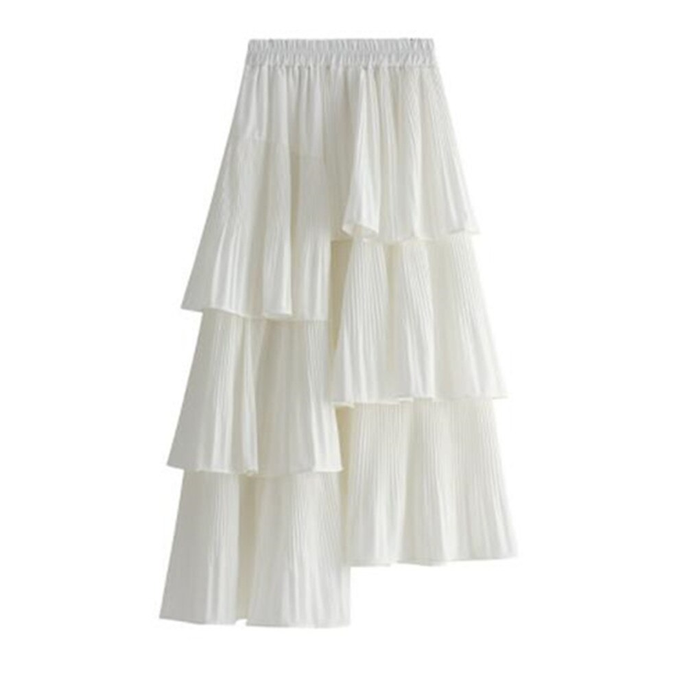 Autumn Summer Long Vintage Women Ruffles Spring Solid Casual Loose Elastic Waist Skirts