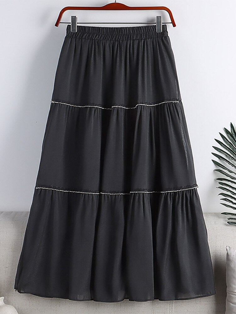 Fashion Faux Pearl Rhinestone Beaded Tiered Midi Skirt Elastic High Waist Solid Casual A Line Skirt