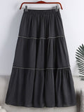 Fashion Faux Pearl Rhinestone Beaded Tiered Midi Skirt Elastic High Waist Solid Casual A Line Skirt