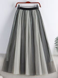 Women Street Style Contrast Color Patchwork Tulle Skirt Elastic High Waist Metallic A Line Mesh Midi Skirt