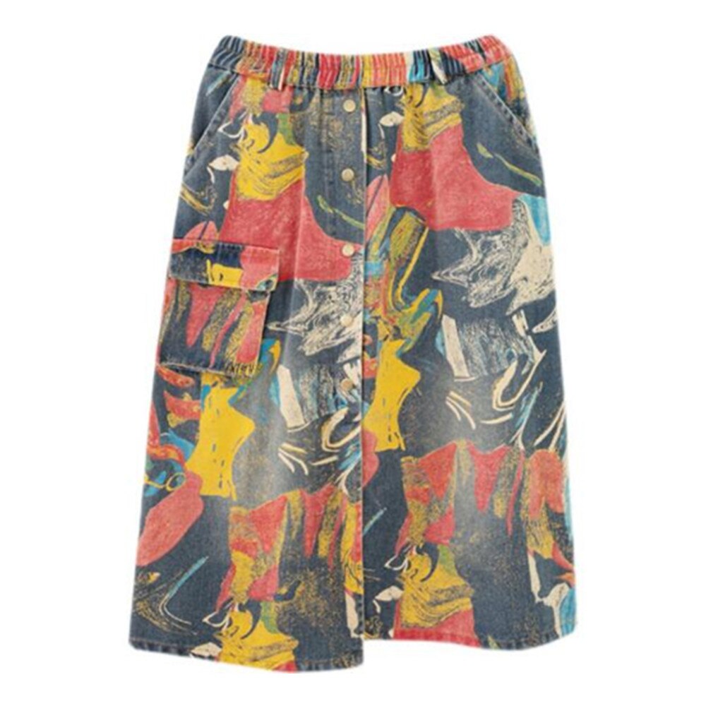 Summer New Ladies Denim Maxi Skirt Loose Pocket Retro Painting Mid-Calf Long Jean Skirt
