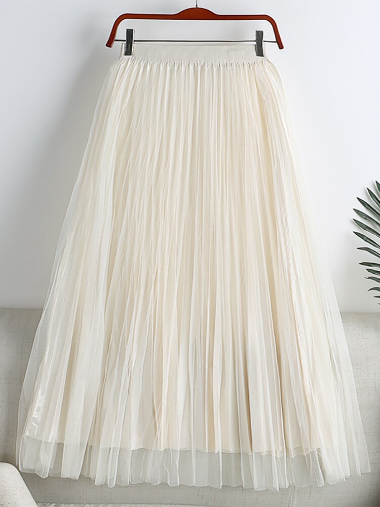 Fashion Satin Effect Lining Tulle Reversible Elegant Pleated Skirt Women High Waist Midi Skirt