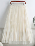 Fashion Satin Effect Lining Tulle Reversible Elegant Pleated Skirt Women High Waist Midi Skirt