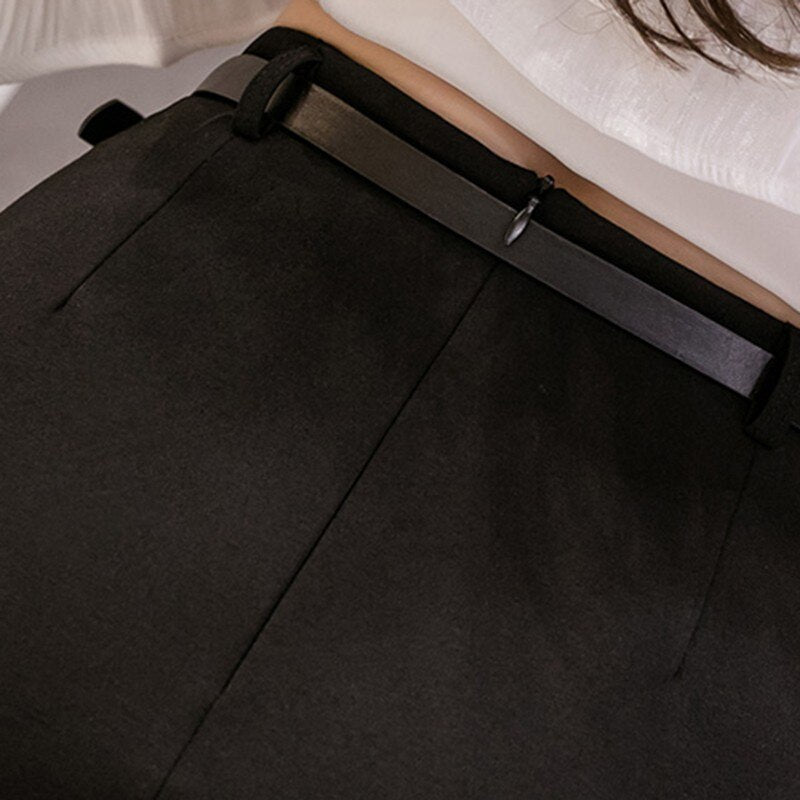 Women High Waist Spring Office Style All-match Elegant Slim Ladies Knee-length Pencil Skirt With Belts