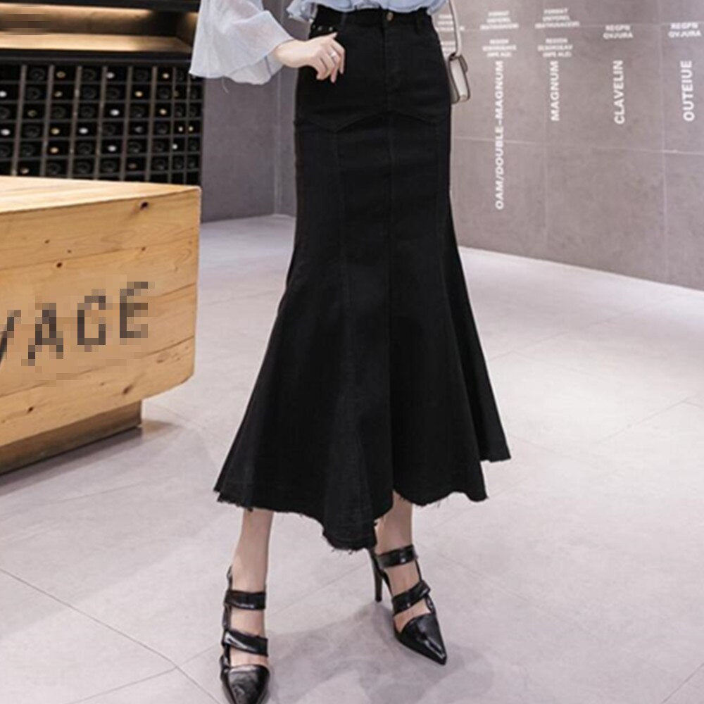 Ruffle Trumpet Vintage Long Summer Girls High Waist Fishtail Jeans Bodycon Maxi Denim Skirts