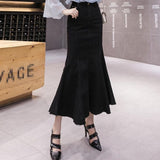 Ruffle Trumpet Vintage Long Summer Girls High Waist Fishtail Jeans Bodycon Maxi Denim Skirts