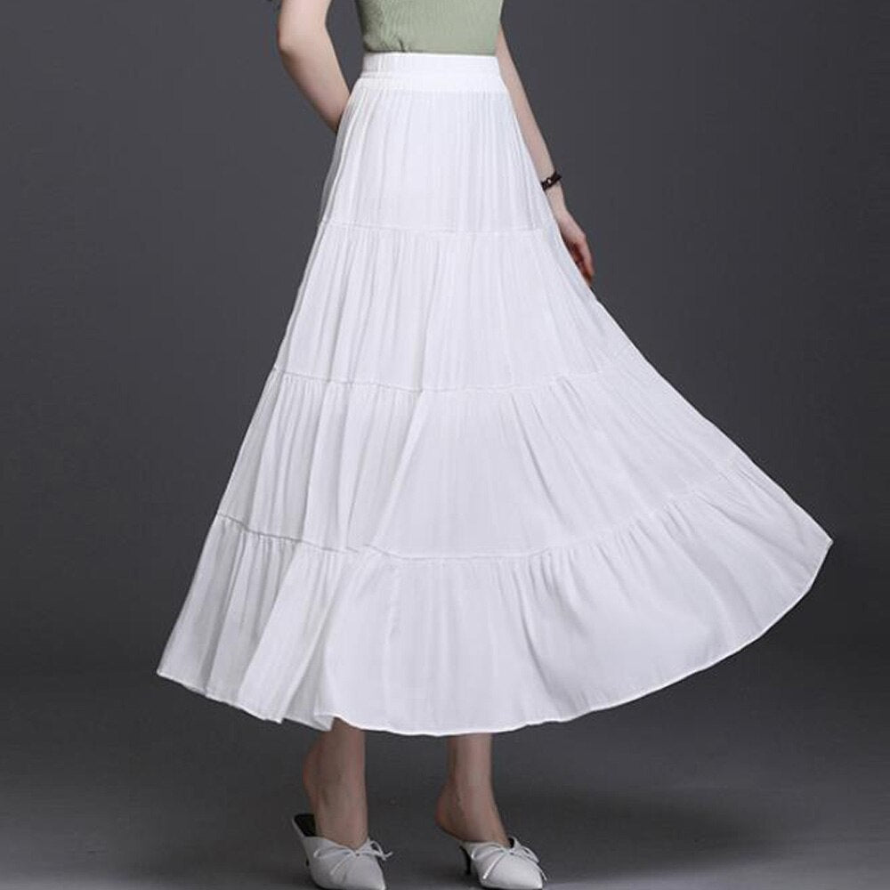 Korean Office Long Summer Women Casual Loose Large Swing Solid High Waist A Line Pleated Skirts