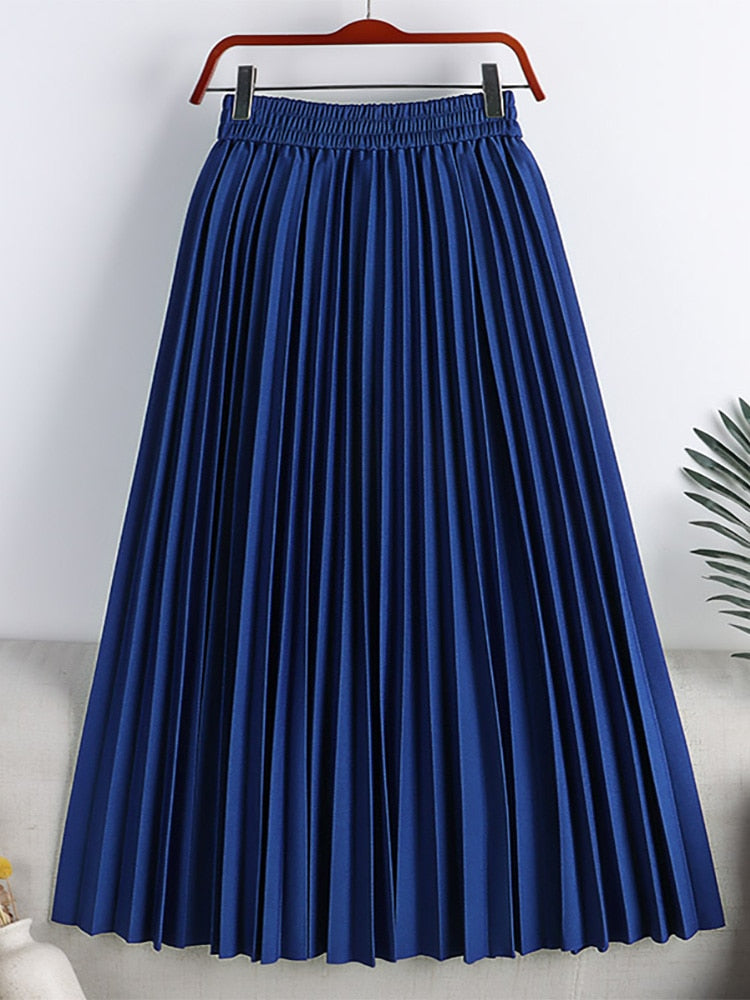 Women Elegant Elastic High Waist Basic Pleated Skirt Solid Casual A Line Summer Midi Skirt