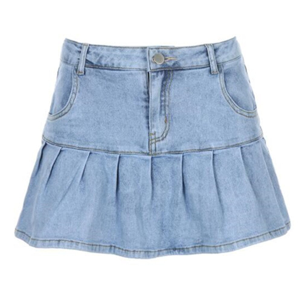 Gothic Denim Pleated Women Summer Harajuku Korean A Line Black Streetwear High Waist Jean Skirt
