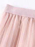 Women Fashion Faux Pearl Beaded Tulle Pleated Midi Skirt Casual Elastic High Waist Skirts