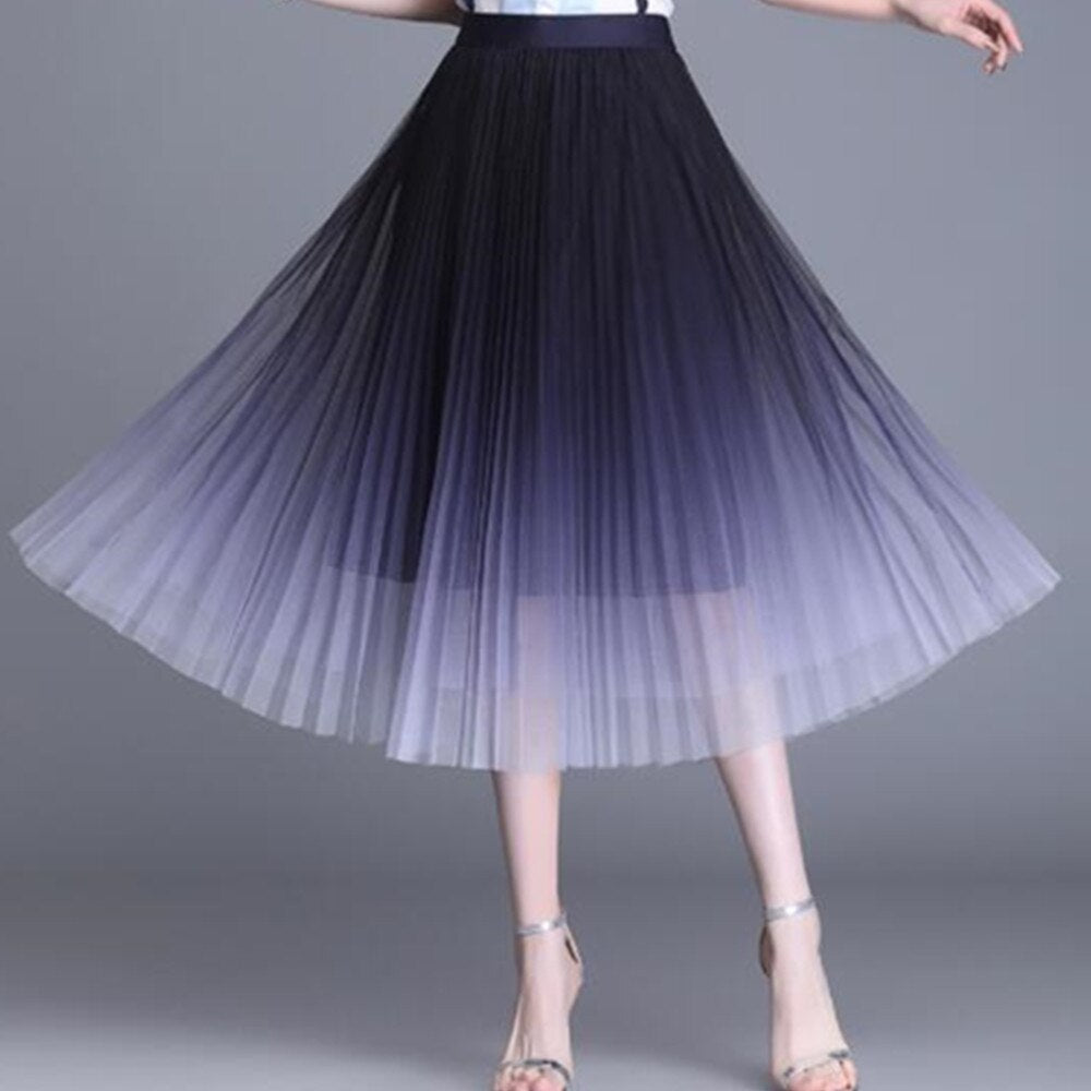 Tutu Tulle Women Summer Korean Gradient Color Pleated Maxi Skirt High Waist Mid-Calf Long Skirts