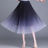 Tutu Tulle Women Summer Korean Gradient Color Pleated Maxi Skirt High Waist Mid-Calf Long Skirts