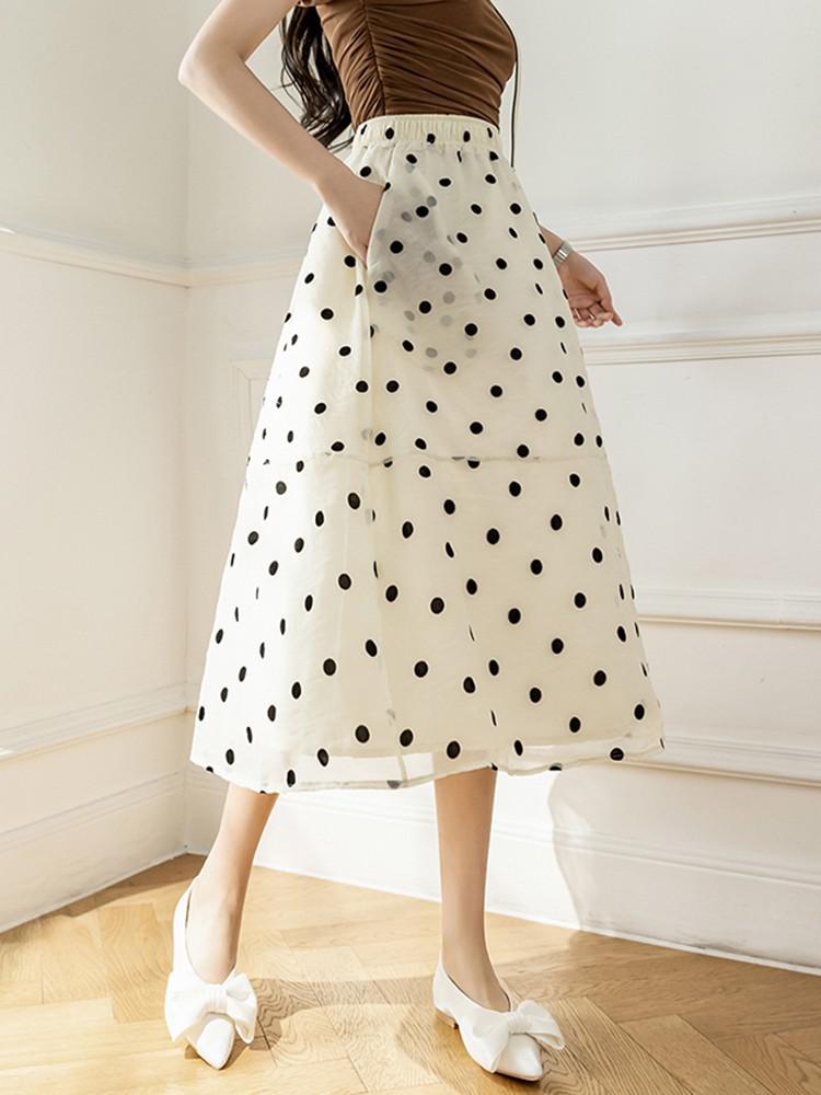 Summer Bohemian Style Elastc Wasit A-line Dot Skirt With Pockets Elegant Women Mid-calf Mesh Skirts